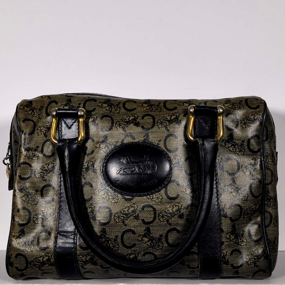 Vintage Celine Boston Bag Black and Gold Handbag Overnight Bag